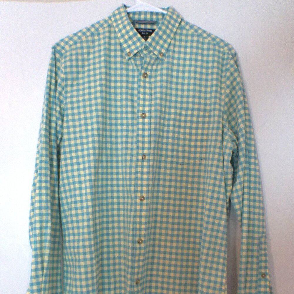 Nordstrom Trim Fit Button Down Shirt Men’s Medium Blue Yellow Gingham Cotton Lin